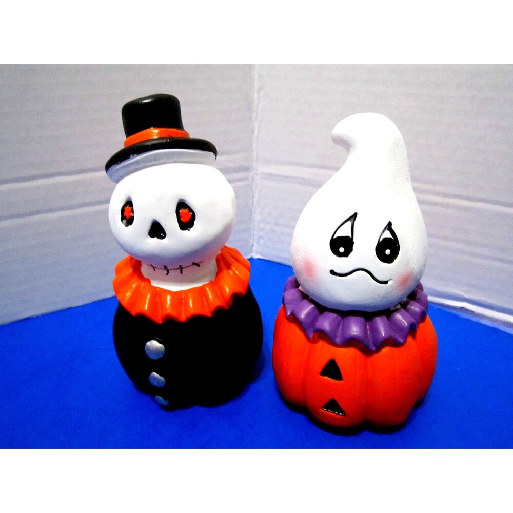 New Halloween Ghost Pumpkin Skeleton Figurines Fall Home Decor Plaster Set of 2